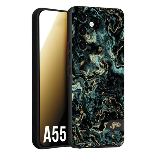 CUSTOMIZZA - Custodia cover nera morbida in tpu compatibile per Samsung A55 5G effetto marmo marble verde green venature dorato pietra