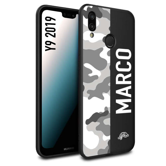 CUSTOMIZZA - Custodia cover nera morbida in tpu compatibile per Huawei Y9 2019 camouflage mimetico militare personalizzata nome bianco