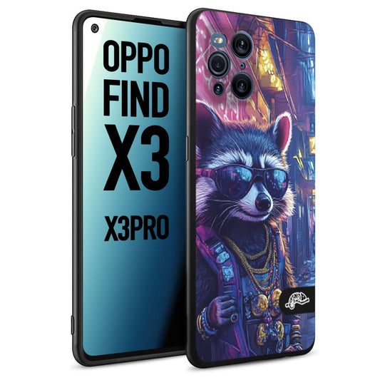 CUSTOMIZZA - Custodia cover nera morbida in tpu compatibile per Oppo Find X3 - Find X3 Pro 5G animali simpatici cyberpunk procione racoon street cat fucsia blu giallo