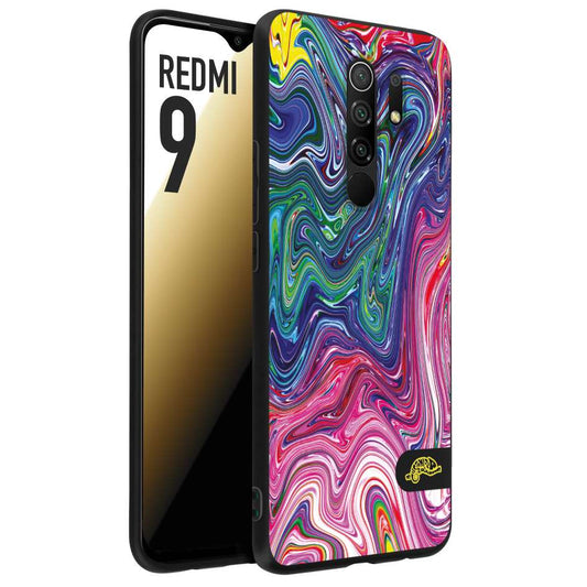 CUSTOMIZZA - Custodia cover nera morbida in tpu compatibile per Xiaomi Redmi 9 colorata fantasia vortice marmo arcobaleno rosa blu fucsia