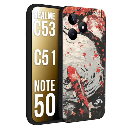 CUSTOMIZZA - Custodia cover nera morbida in tpu compatibile per Oppo Realme C53 - C51 - NOTE 50 giapponese lago carpa koi rossa con foglie d'acero rosso disegnata tattoo