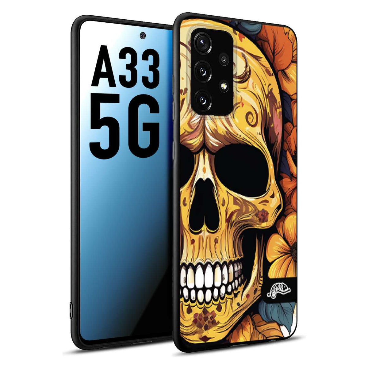CUSTOMIZZA - Custodia cover nera morbida in tpu compatibile per Samsung A33 5G teschio messicano colorato dorato fiori autunnali disegnato
