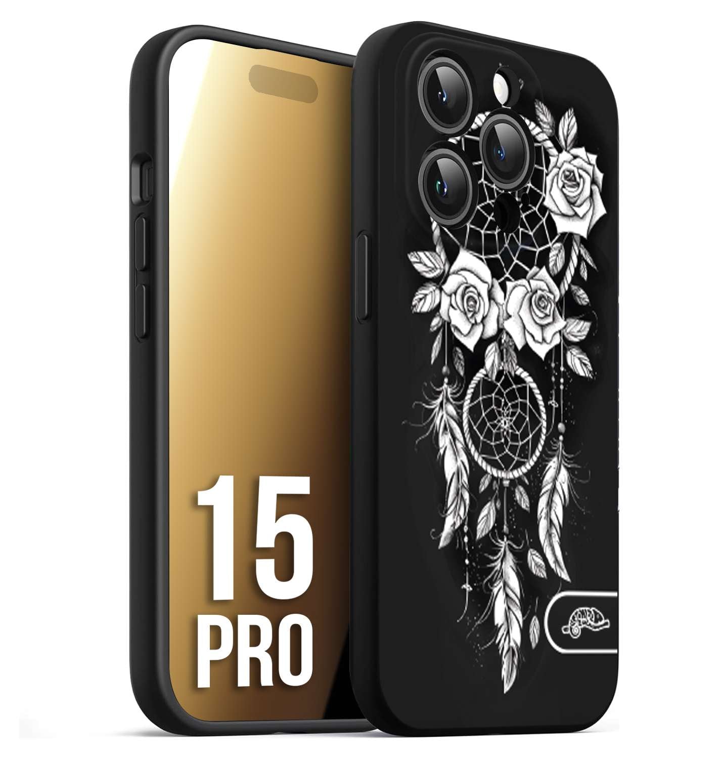 CUSTOMIZZA - Custodia cover nera morbida in tpu compatibile per iPhone 15 PRO acchiappasogni dreamcatcher black and white bianco a rilievo disegnato tattoo tatuaggio