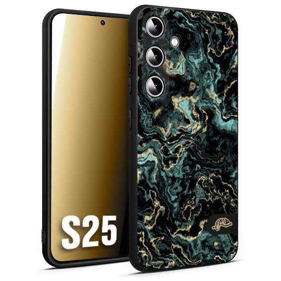 CUSTOMIZZA - Custodia cover nera morbida in tpu compatibile per Samsung S25 effetto marmo marble verde green venature dorato pietra