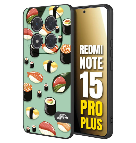 CUSTOMIZZA - Custodia cover nera morbida in tpu compatibile per Xiaomi Redmi Note 15 PRO PLUS sushi disegni giapponese nighiri acquamarina verde