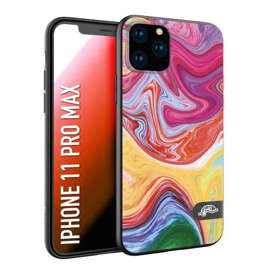 CUSTOMIZZA - Custodia cover nera morbida in tpu compatibile per iPhone 11 PRO MAX colorata fantasia vortice marmo onde verde fucsia gialla