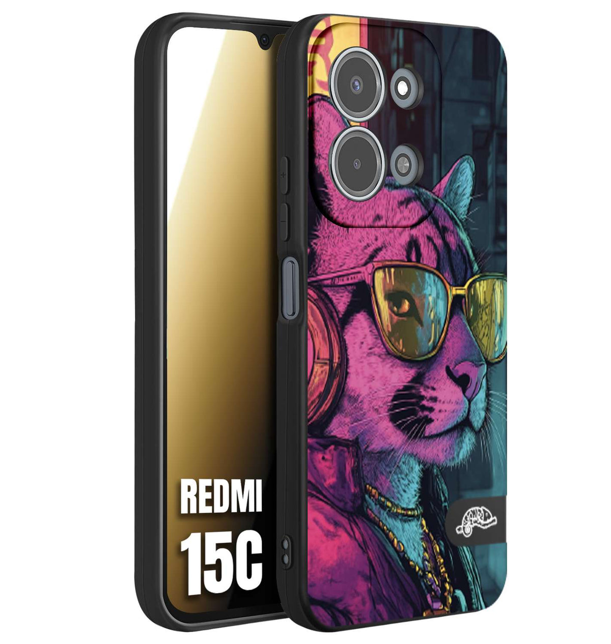 CUSTOMIZZA - Custodia cover nera morbida in tpu compatibile per Xiaomi Redmi 15C animali cyberpunk pantera street cat fucsia blu giallo