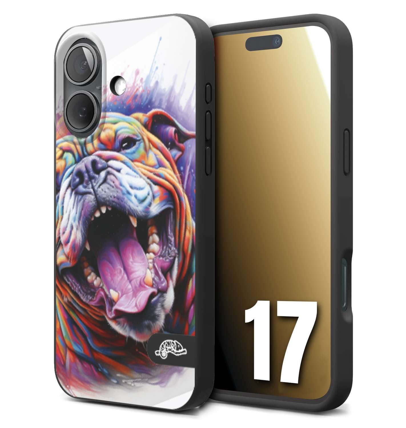 CUSTOMIZZA - Custodia cover nera morbida in tpu compatibile per iPhone 17 animali color bulldog cane dog colori vibranti disegnato schizzo
