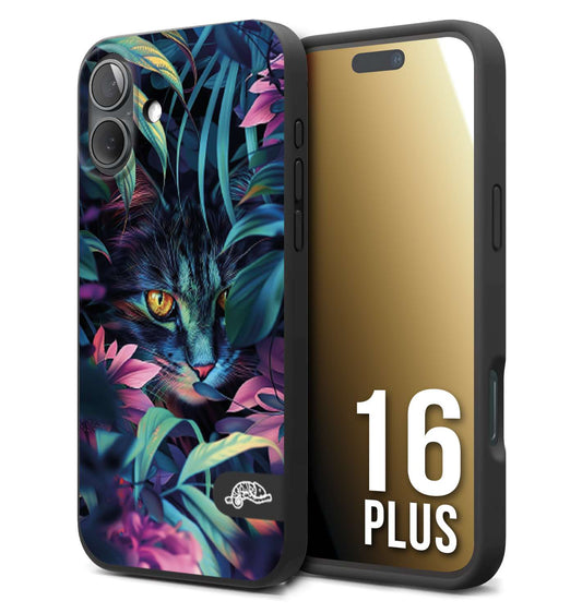 CUSTOMIZZA - Custodia cover nera morbida in tpu compatibile per iPhone 16 PLUS animali color giungla tropicale occhio di gatto colori vibranti disegnato
