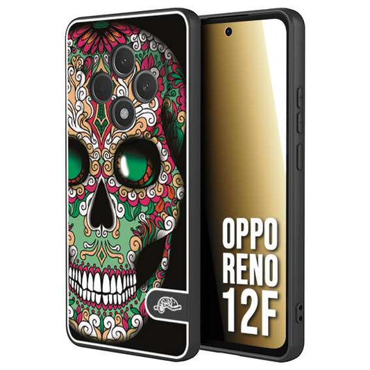 CUSTOMIZZA - Custodia cover nera morbida in tpu compatibile per Oppo Reno 12F teschio messicano Mexican skull verde fucsia