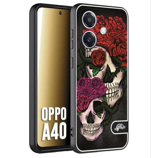 CUSTOMIZZA - Custodia cover nera morbida in tpu compatibile per Oppo A40 teschi e rose rosse fucsia skull and roses