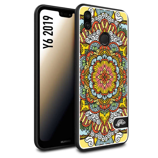 CUSTOMIZZA - Custodia cover nera morbida in tpu compatibile per Huawei Y6 2019 mandala colorato fiore nuvole arancione