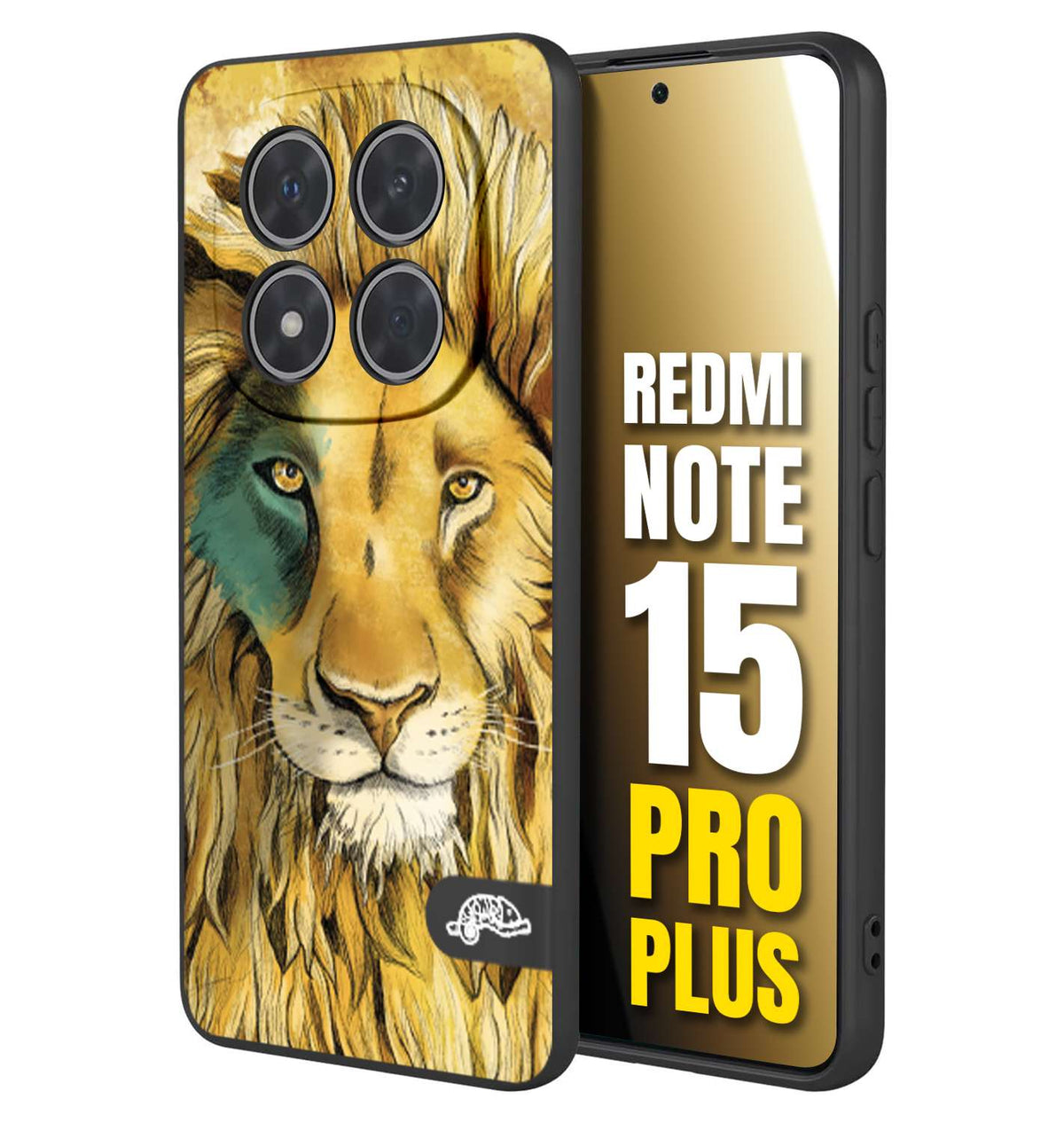 CUSTOMIZZA - Custodia cover nera morbida in tpu compatibile per Xiaomi Redmi Note 15 PRO PLUS leone lion disegnato a mano giallo blu a rilievo artistico brown