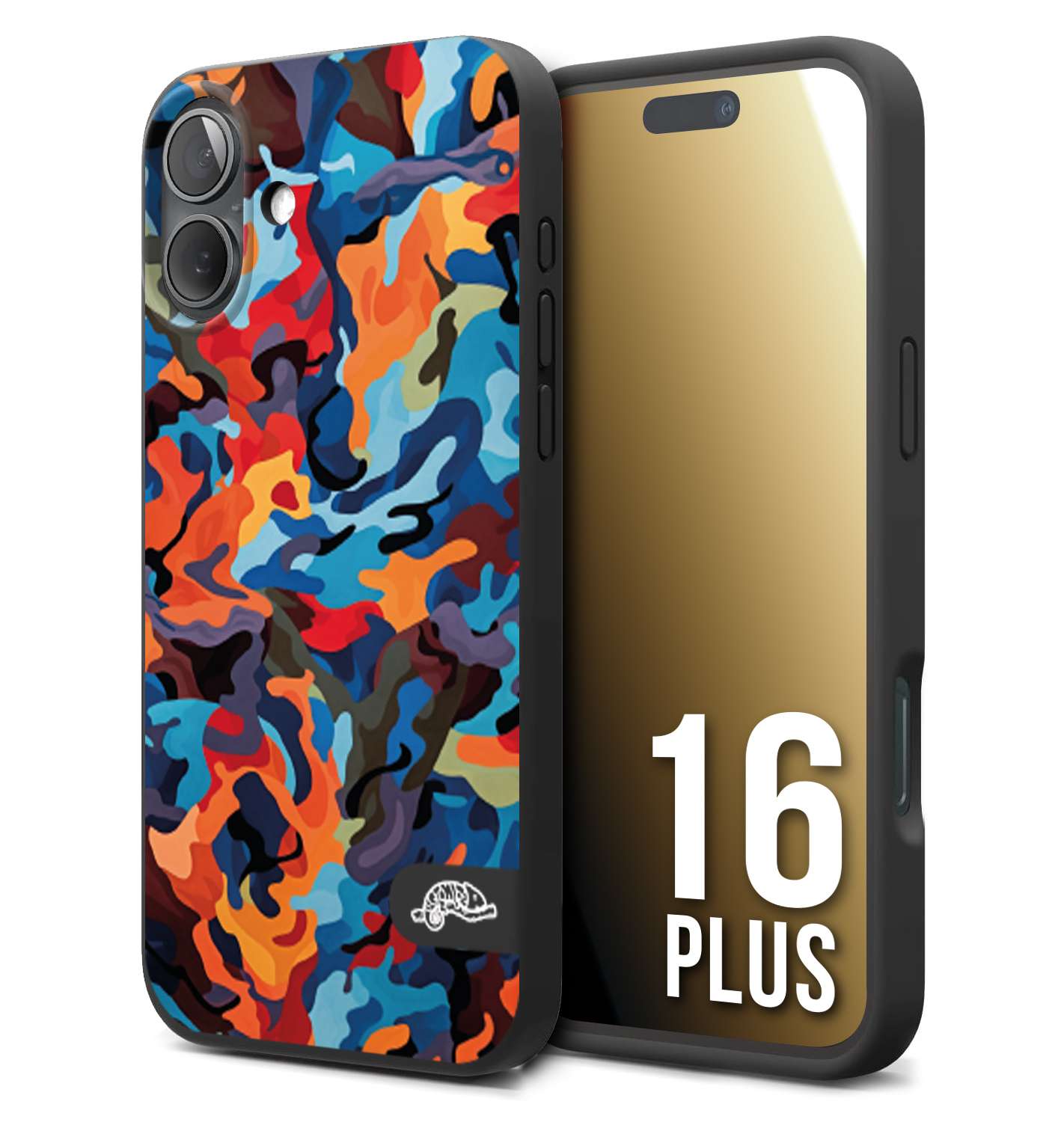 CUSTOMIZZA - Custodia cover nera morbida in tpu compatibile per iPhone 16 PLUS camouflage mimetico militare moderno blu arancio rosso