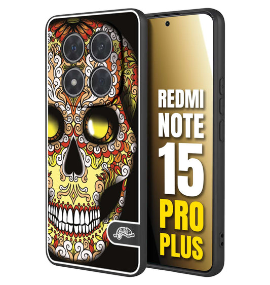 CUSTOMIZZA - Custodia cover nera morbida in tpu compatibile per Xiaomi Redmi Note 15 PRO PLUS teschio messicano Mexican skull giallo rosso arancio