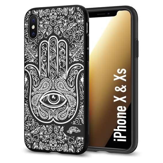 CUSTOMIZZA - Custodia cover nera morbida in tpu compatibile per iPhone X - Xs mano di fatima effetto rilievo mandala donna