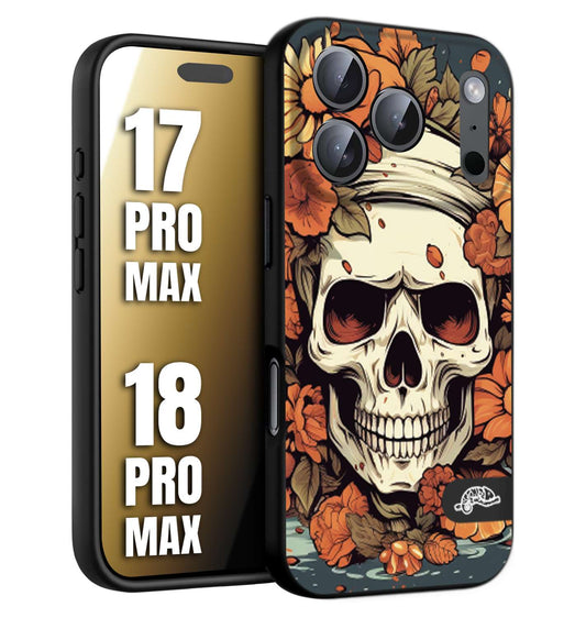 CUSTOMIZZA - Custodia cover nera morbida in tpu compatibile per iPhone 17 PRO MAX - 18 PRO MAX teschio skull flowers fiori tattoo disegnato alta definizione