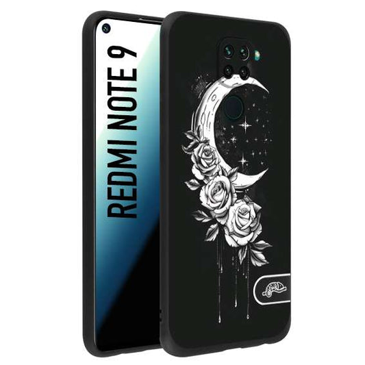 CUSTOMIZZA - Custodia cover nera morbida in tpu compatibile per Xiaomi Redmi Note 9 luna e fiori moon flowers black and white bianco a rilievo disegnato tattoo tatuaggio