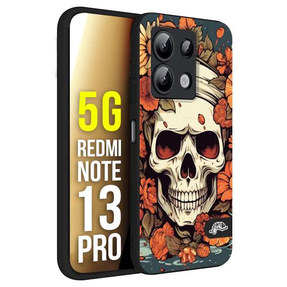 CUSTOMIZZA - Custodia cover nera morbida in tpu compatibile per Xiaomi Redmi Note 13 PRO 5G teschio skull flowers fiori tattoo disegnato alta definizione