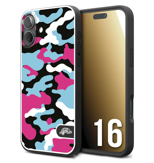 CUSTOMIZZA - Custodia cover nera morbida in tpu compatibile per iPhone 16 camouflage mimetico militare fucsia celeste