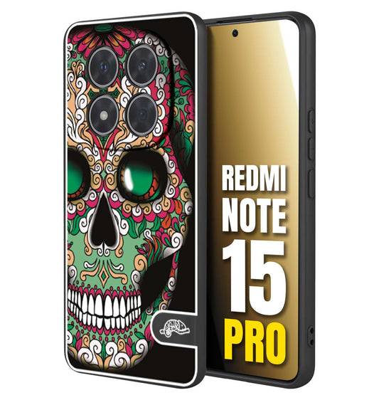 CUSTOMIZZA - Custodia cover nera morbida in tpu compatibile per Xiaomi Redmi Note 15 PRO teschio messicano Mexican skull verde fucsia