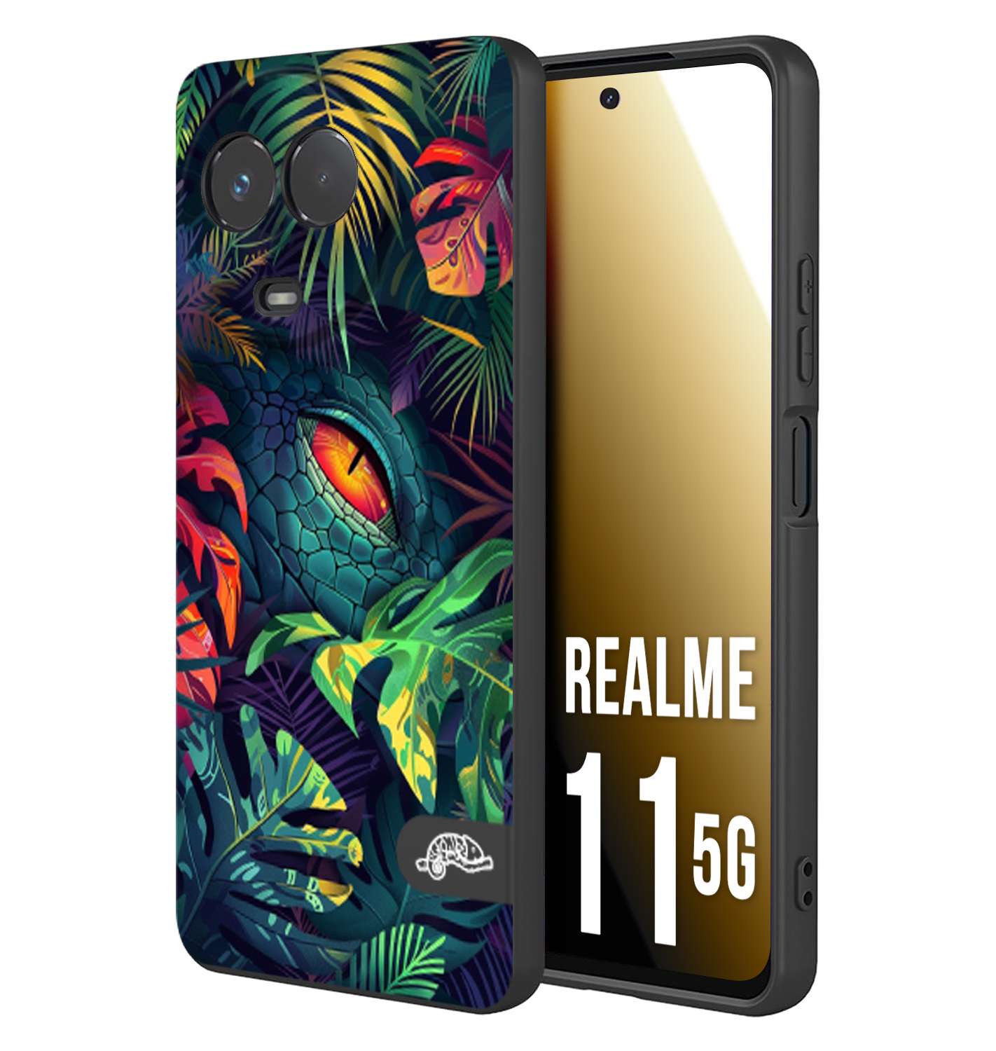 CUSTOMIZZA - Custodia cover nera morbida in tpu compatibile per Realme 11 5G animali color giungla tropicale occhio di coccodrillo alligatore disegnato