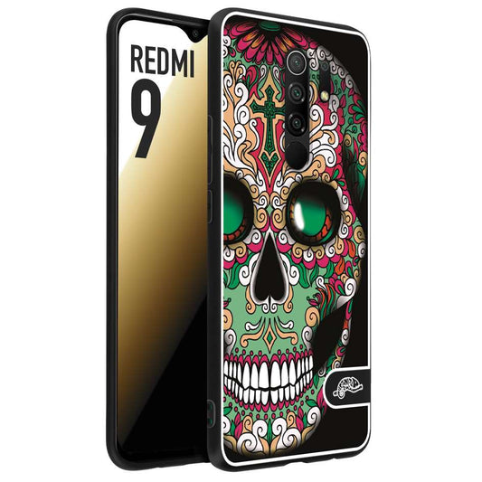 CUSTOMIZZA - Custodia cover nera morbida in tpu compatibile per Xiaomi Redmi 9 teschio messicano Mexican skull verde fucsia