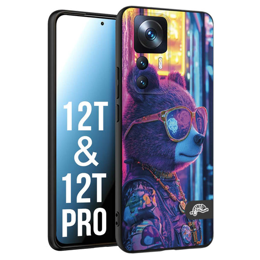 CUSTOMIZZA - Custodia cover nera morbida in tpu compatibile per Xiaomi 12T - 12T PRO animali cyberpunk orsetto orso street bear fucsia blu night
