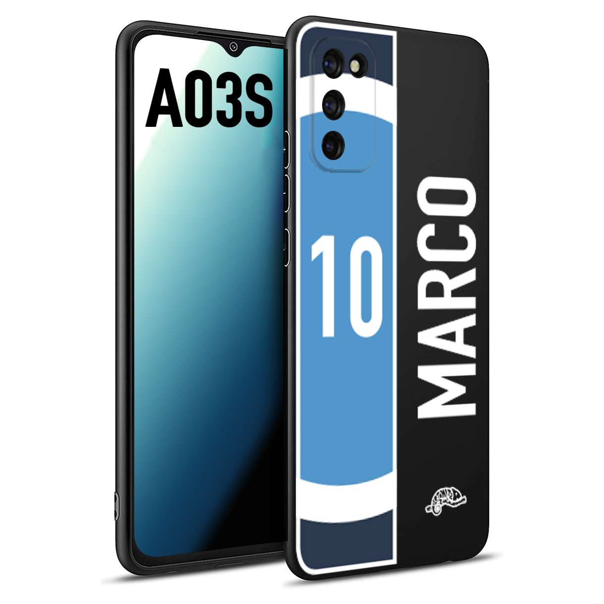 CUSTOMIZZA - Custodia cover nera morbida in tpu compatibile per Samsung A03S personalizzata calcio football nome e numero calciatori biancoazzurri bianco celesti
