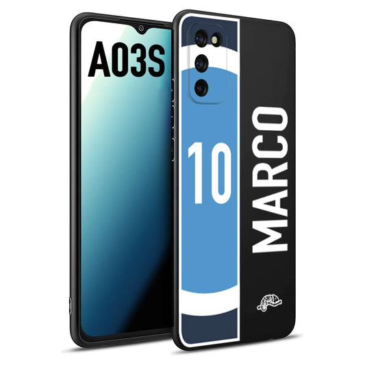 CUSTOMIZZA - Custodia cover nera morbida in tpu compatibile per Samsung A03S personalizzata calcio football nome e numero calciatori biancoazzurri bianco celesti