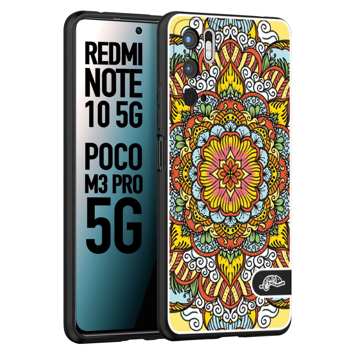 CUSTOMIZZA - Custodia cover nera morbida in tpu compatibile per Xiaomi Redmi Note 10 5G - Poco M3 Pro 5G mandala colorato fiore nuvole arancione