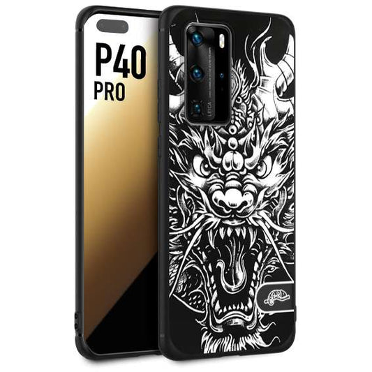 CUSTOMIZZA - Custodia cover nera morbida in tpu compatibile per Huawei P40 PRO drago black and white bianco a rilievo disegnato tattoo tatuaggio