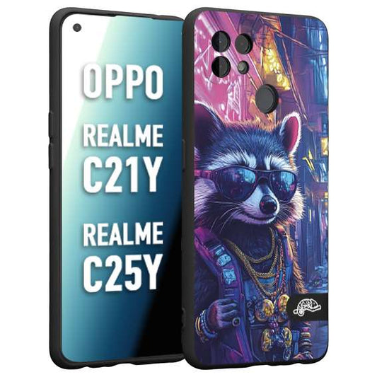 CUSTOMIZZA - Custodia cover nera morbida in tpu compatibile per Realme C21Y - C25Y animali simpatici cyberpunk procione racoon street cat fucsia blu giallo