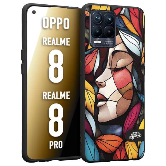 CUSTOMIZZA - Custodia cover nera morbida in tpu compatibile per Realme 8 - 8 PRO Vetrata artistica volto di donna profilo fogliare mosaico di vetro colorato