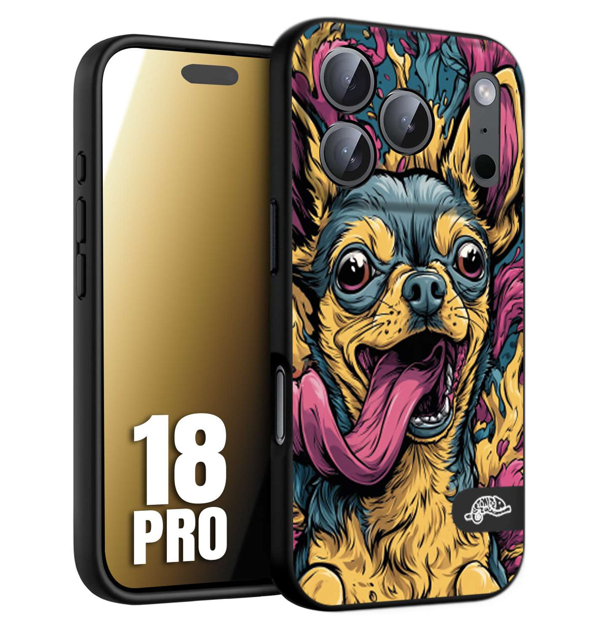 CUSTOMIZZA - Custodia cover nera morbida in tpu compatibile per iPhone 18 PRO Chihuahua illustrazione cane pop art cane street art cartone animato