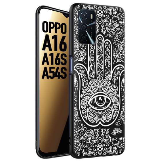 CUSTOMIZZA - Custodia cover nera morbida in tpu compatibile per Oppo A16 - A16S - A54S mano di fatima effetto rilievo mandala donna