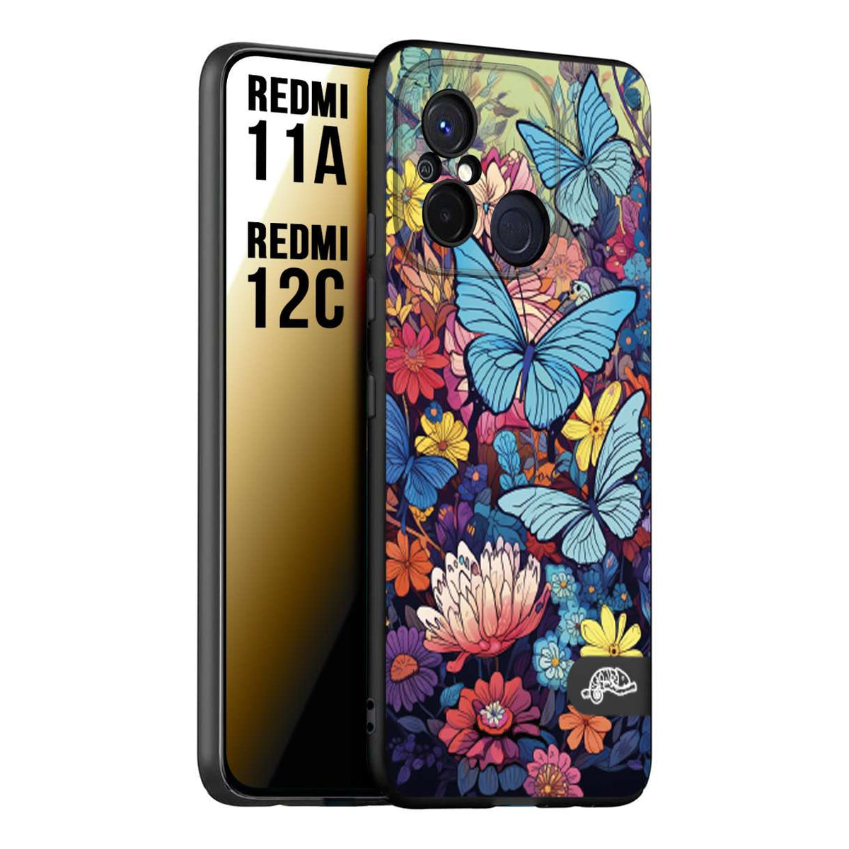 CUSTOMIZZA - Custodia cover nera morbida in tpu compatibile per Xiaomi Redmi 11A - 12C farfalle butterfly moderno donna disegnate gialla blu rosa