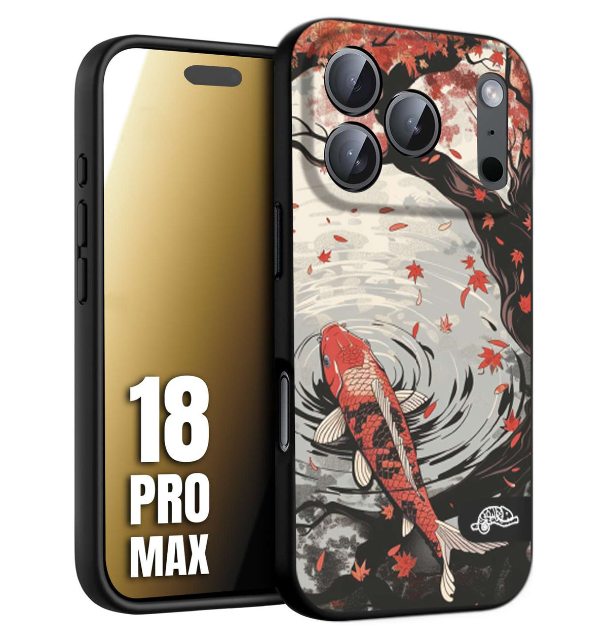 CUSTOMIZZA - Custodia cover nera morbida in tpu compatibile per iPhone 18 PRO MAX giapponese lago carpa koi rossa con foglie d'acero rosso disegnata tattoo