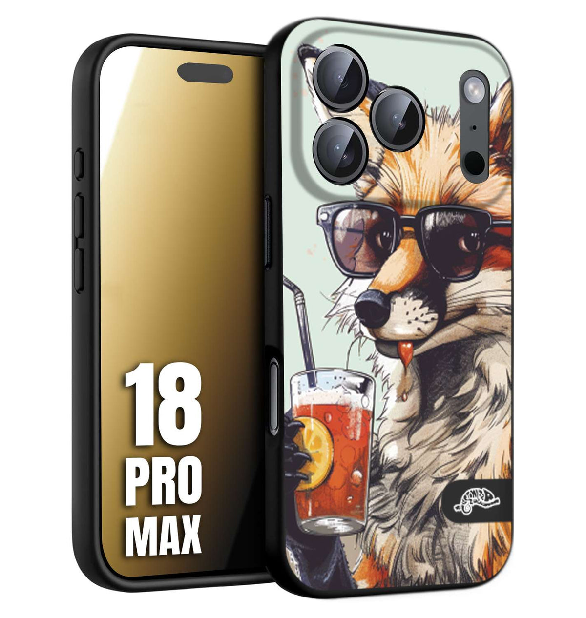 CUSTOMIZZA - Custodia cover nera morbida in tpu compatibile per iPhone 18 PRO MAX estate disegnata cocktails animali simpatici fox volpe negroni
