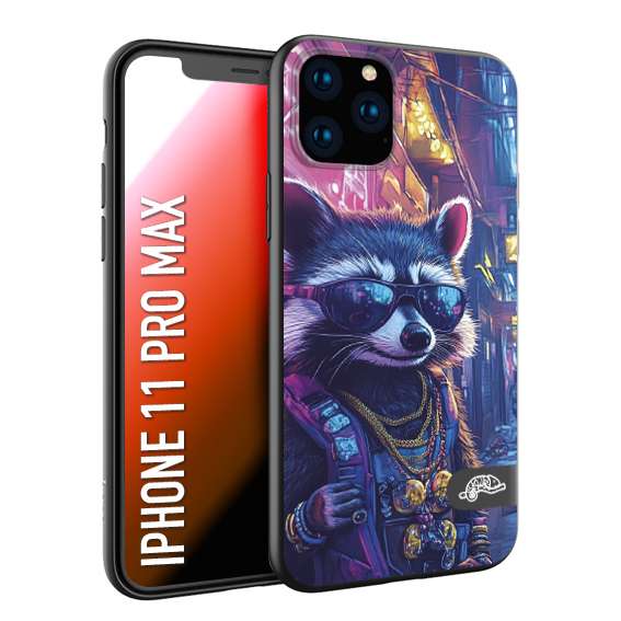 CUSTOMIZZA - Custodia cover nera morbida in tpu compatibile per iPhone 11 PRO MAX animali simpatici cyberpunk procione racoon street cat fucsia blu giallo
