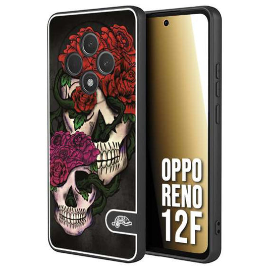 CUSTOMIZZA - Custodia cover nera morbida in tpu compatibile per Oppo Reno 12F teschi e rose rosse fucsia skull and roses