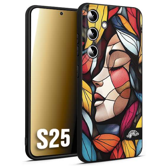 CUSTOMIZZA - Custodia cover nera morbida in tpu compatibile per Samsung S25 Vetrata artistica volto di donna profilo fogliare mosaico di vetro colorato