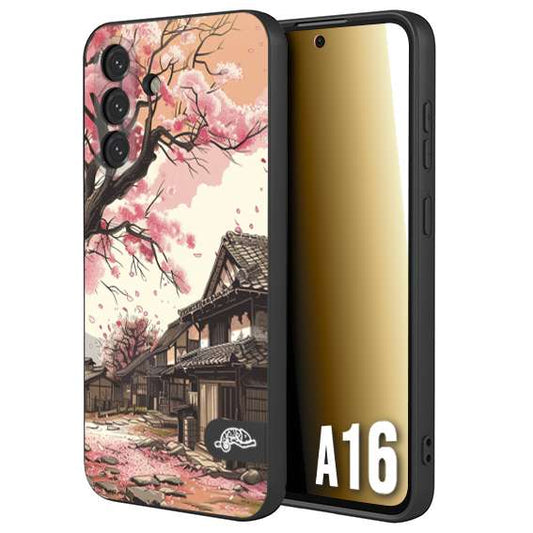 CUSTOMIZZA - Custodia cover nera morbida in tpu compatibile per Samsung A16 casa giapponese rosa ciliegio in fiore disegnata tattoo