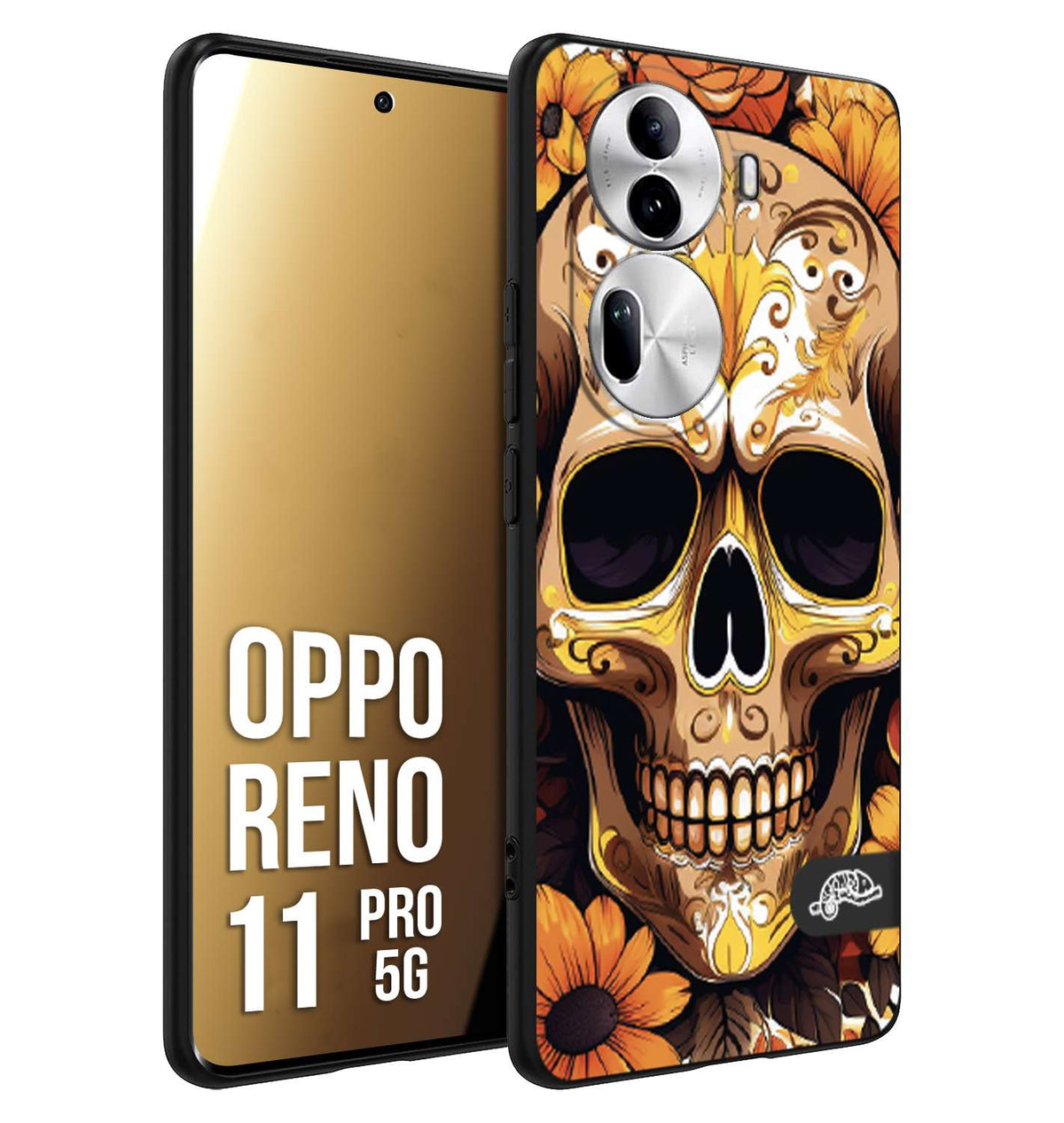 CUSTOMIZZA - Custodia cover nera morbida in tpu compatibile per Oppo Reno 11 PRO 5G teschio messicano colorato dorato fiori tattoo disegnato