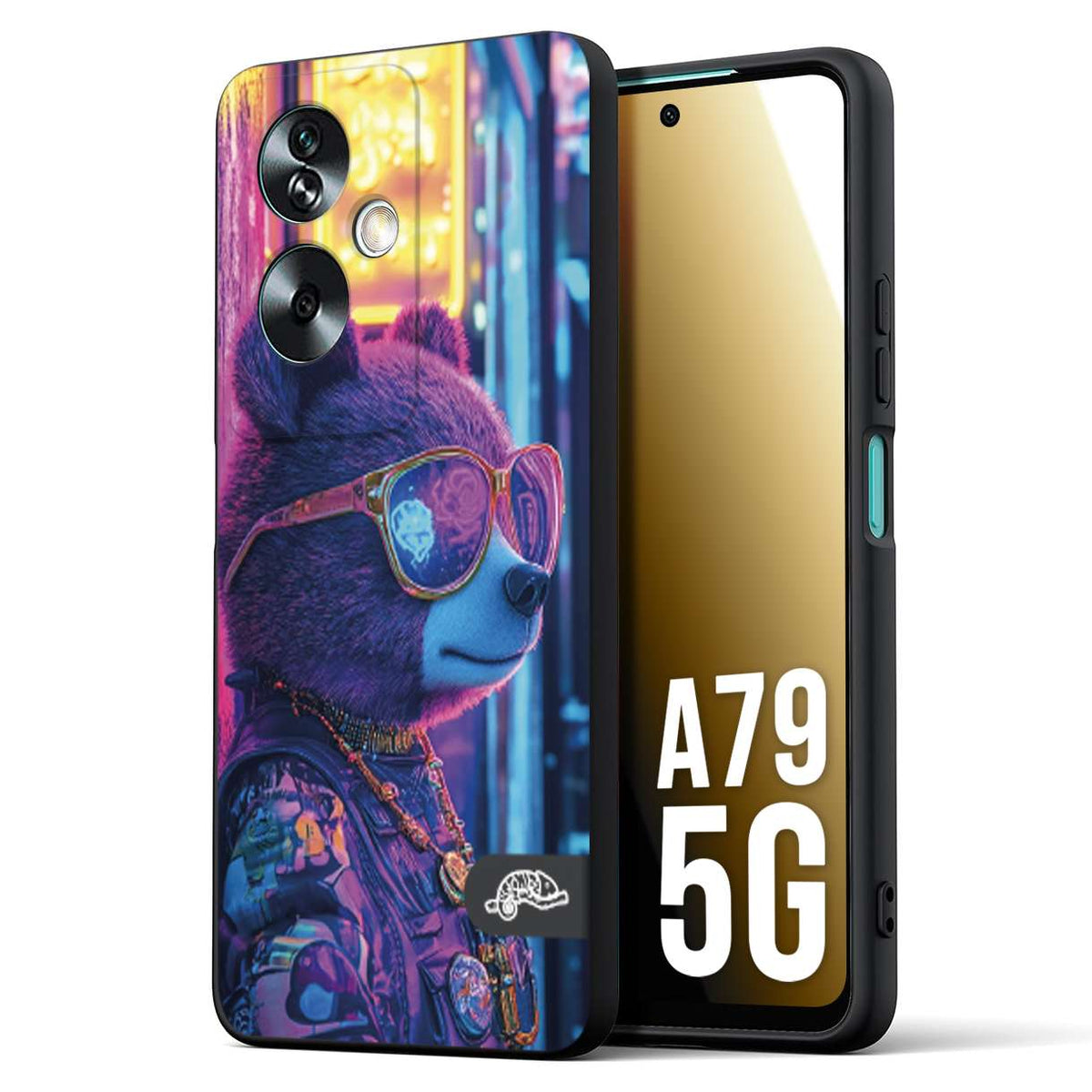 CUSTOMIZZA - Custodia cover nera morbida in tpu compatibile per Oppo A79 5G animali cyberpunk orsetto orso street bear fucsia blu night