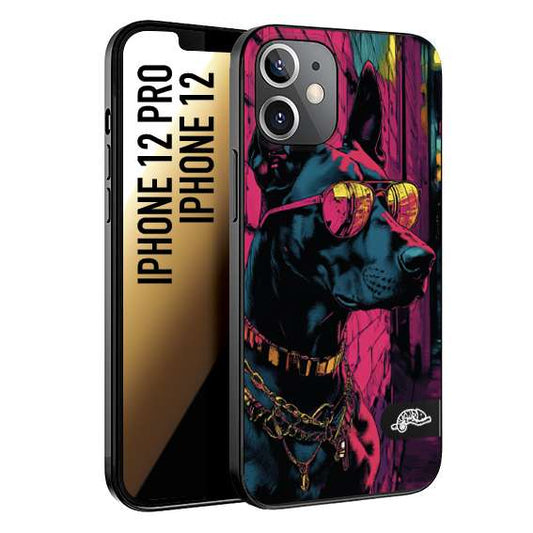 CUSTOMIZZA - Custodia cover nera morbida in tpu compatibile per iPhone 12 - 12 PRO animali cyberpunk dobermann cane street dog fucsia blu