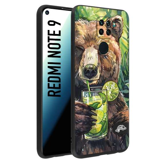 CUSTOMIZZA - Custodia cover nera morbida in tpu compatibile per Xiaomi Redmi Note 9 estate disegnata cocktails animali simpatici orso bear negroni