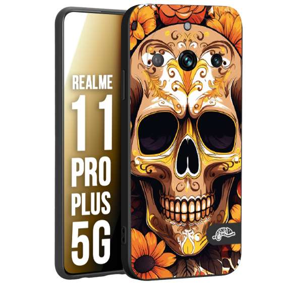 CUSTOMIZZA - Custodia cover nera morbida in tpu compatibile per Oppo Realme 11 PRO PLUS 5G teschio messicano colorato dorato fiori tattoo disegnato