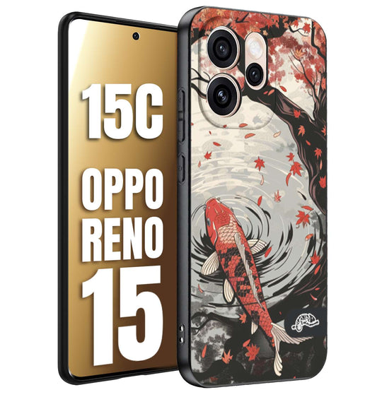 CUSTOMIZZA - Custodia cover nera morbida in tpu compatibile per Oppo Reno 15 - Reno 15Cgiapponese lago carpa koi rossa con foglie d'acero rosso disegnata tattoo