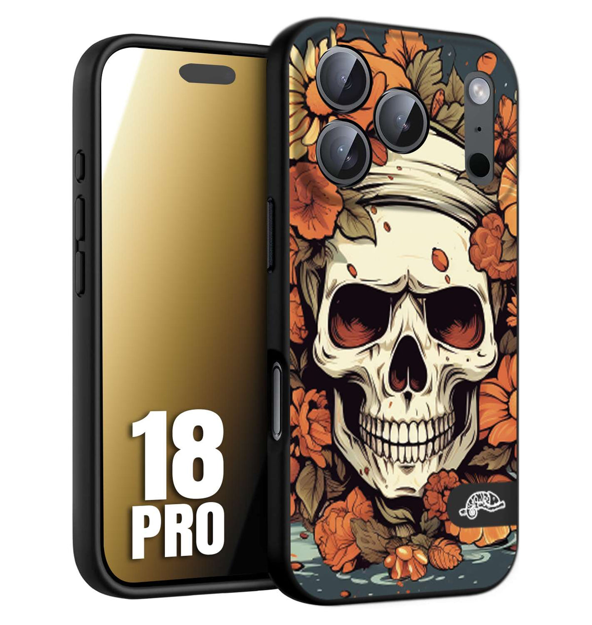 CUSTOMIZZA - Custodia cover nera morbida in tpu compatibile per iPhone 18 PRO teschio skull flowers fiori tattoo disegnato alta definizione